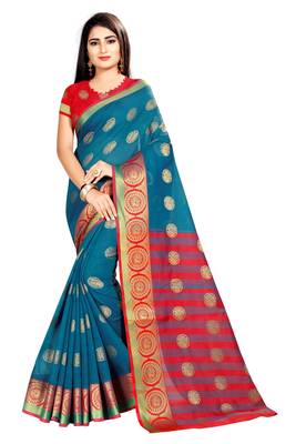 Blue woven silk saree with blouse 1