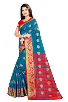 Blue woven silk saree with blouse 2
