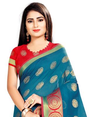 Blue woven silk saree with blouse 4