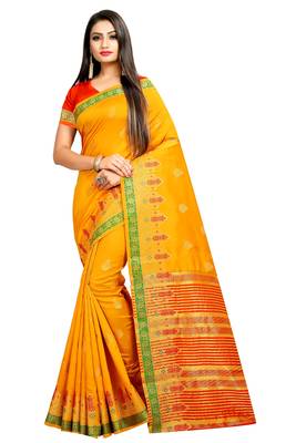 Yellow woven silk saree with blouse 1