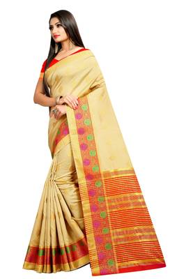 Beige woven silk saree with blouse 2