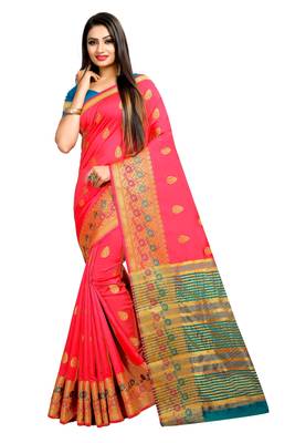 Pink woven silk saree with blouse 1