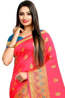 Pink woven silk saree with blouse 4