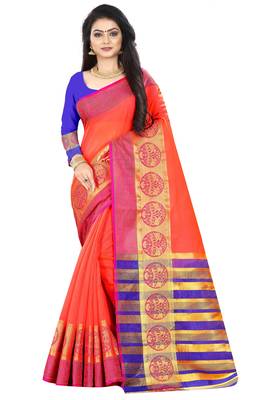 Peach woven silk saree with blouse 1
