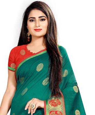 Green woven cotton silk saree with blouse 4