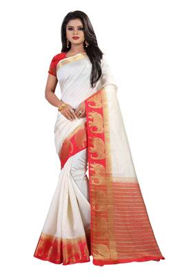 white woven silk blend saree with blouse 1