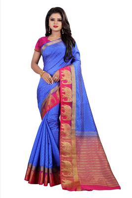 blue woven silk blend saree with blouse 1