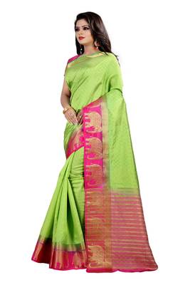 green woven silk blend saree with blouse 2