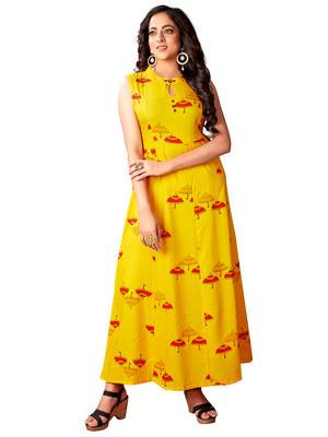 kimisha Women's Mustard Rayon Printed Anarkali Kurti 1