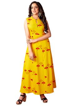 kimisha Women's Mustard Rayon Printed Anarkali Kurti