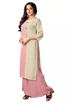 Baby Pink & Off White Cotton Slub Straight Kurti