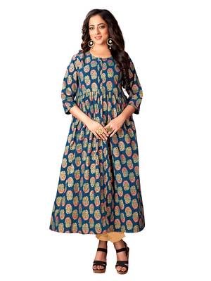 Navy Blue Cotton Foil Print Anarkali Kurti 1