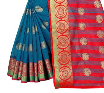 Blue woven silk saree with blouse 5