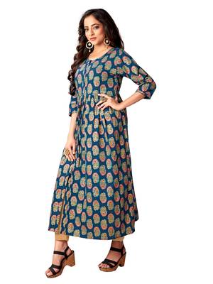 Navy Blue Cotton Foil Print Anarkali Kurti 4