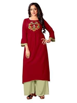 Maroon Rayon Embroidered Straight Kurti 1