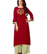 Maroon Rayon Embroidered Straight Kurti