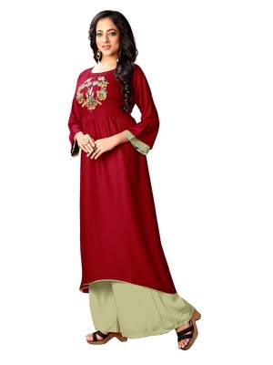 Maroon Rayon Embroidered Straight Kurti 4