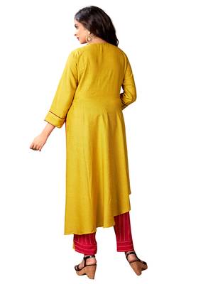 Kimisha Mahendi Green & Red Cotton Slub A Line Kurta With Plazzo Set 3