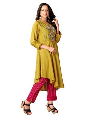 Kimisha Mahendi Green & Red Cotton Slub A Line Kurta With Plazzo Set 4