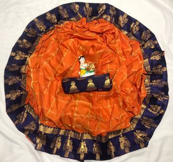 Orange printed silk blend saree with blouse 1