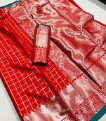 Red woven silk blend saree with blouse