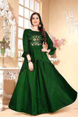 Green Embroidered Satin Stitched Party Wear Gown 1