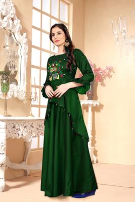 Green Embroidered Satin Stitched Party Wear Gown 2