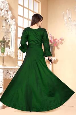 Green Embroidered Satin Stitched Party Wear Gown 3