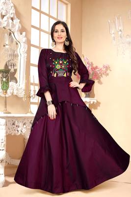 Maroon Embroidered Satin Stitched Party Wear Gown 1