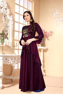 Maroon Embroidered Satin Stitched Party Wear Gown 2