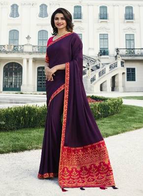 Purple embroidered silk blend saree with blouse 1