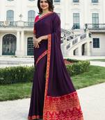Purple embroidered silk blend saree with blouse