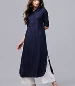 Blue plain cotton long-kurtis
