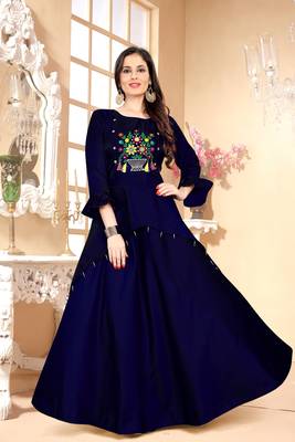 Blue Embroidered Satin Stitched Party Wear Gown 1