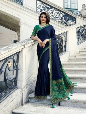 blue embroidered silk blend saree with blouse 1