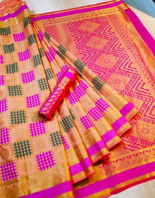 yellow woven silk blend saree with blouse 1