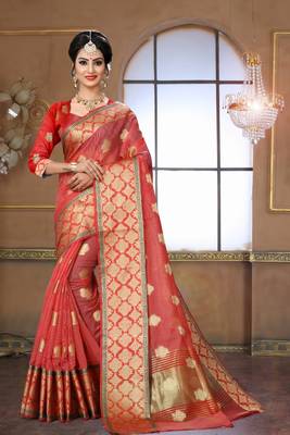 light red woven silk blend saree with blouse 1