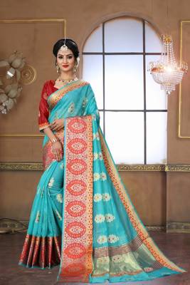 Blue woven silk blend saree with blouse 1