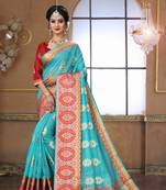 Blue woven silk blend saree with blouse