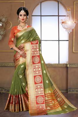 Green woven silk blend saree with blouse 1