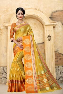 light yellow woven silk blend saree with blouse 1