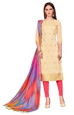 cream printed banarasi cotton unstitched salwar with dupatta 1