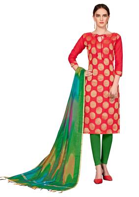 red printed banarasi cotton unstitched salwar with dupatta 1