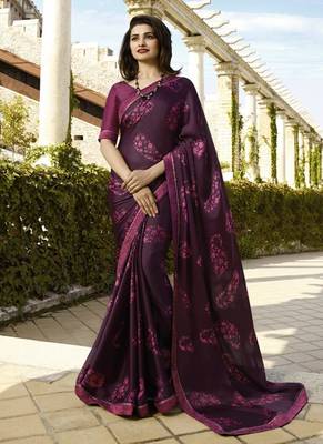 Wine printed silk blend saree with blouse 1