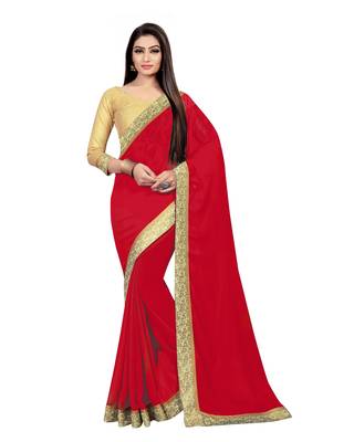 Red plain georgette saree with blouse 2