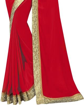Red plain georgette saree with blouse 4