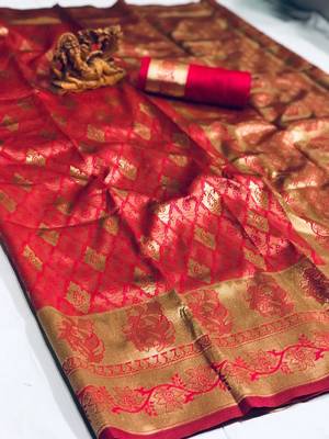 dark red woven silk blend saree with blouse 1