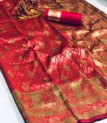 dark red woven silk blend saree with blouse