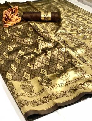 Brown woven silk blend saree with blouse 1