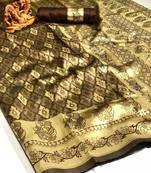 Brown woven silk blend saree with blouse